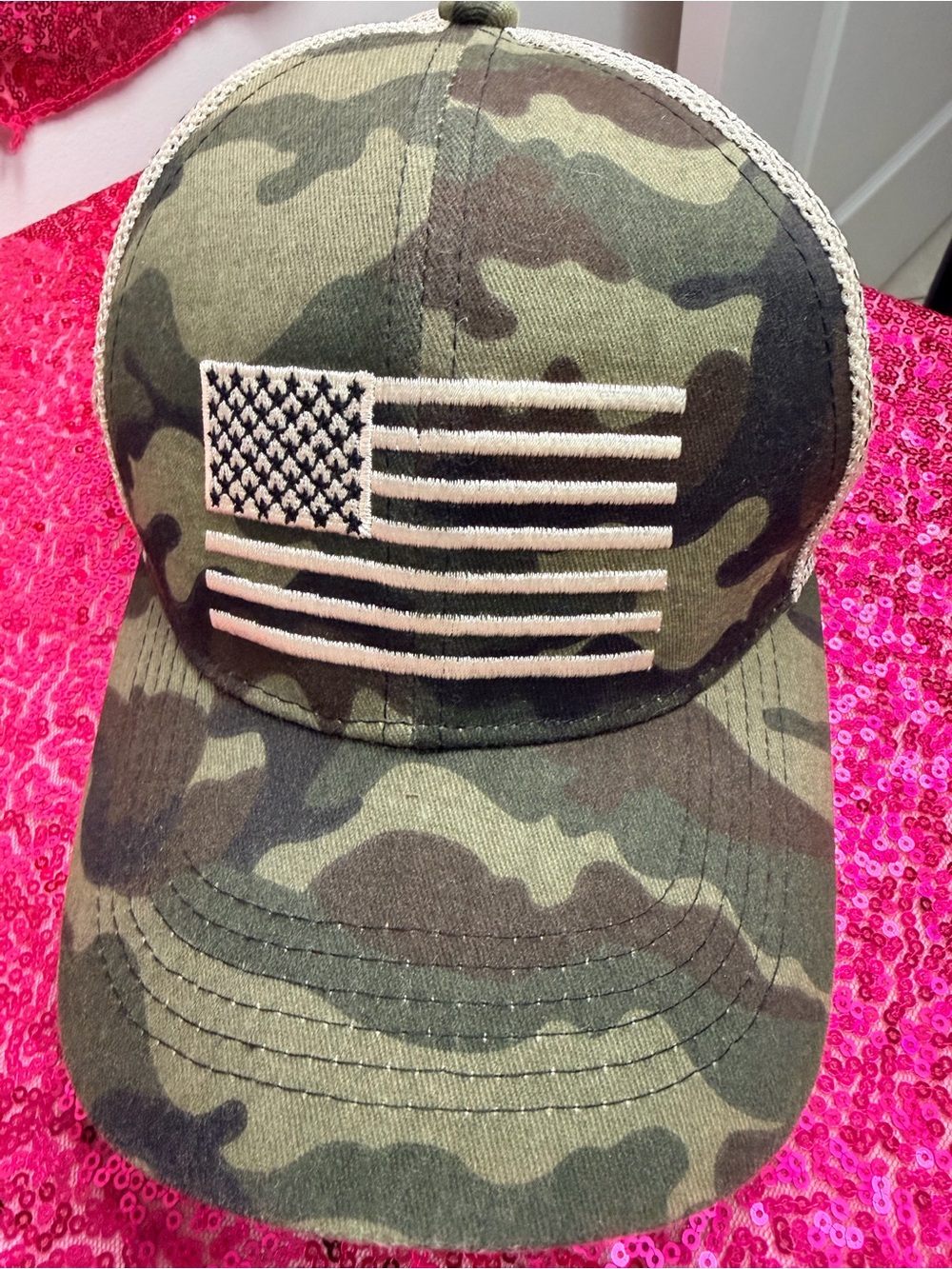 Camouflage Trucker Cap with Embroidered American Flag - Green